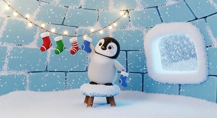 Cute penguin in an igloo decorated with christmas stockings and festive lights