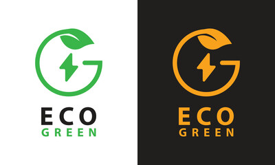 Eco Green logo with letter G, leaf, and lightning bolt, symbolizing sustainable energy, renewable power, green technology, eco-friendliness, and nature-based electricity.