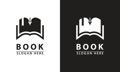 Open book logo with a quill/pen nib and bookmark, forming a temple-like structure, symbolizing wisdom, writing, traditional education, literary publishing, and academic authority.
