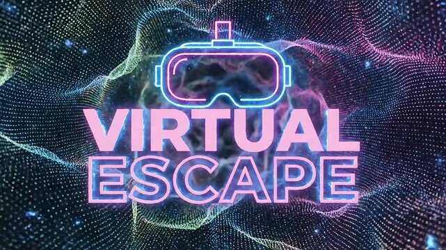 Immersive virtual reality headset glows with neon lights against a vibrant, abstract digital landscape.