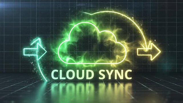 Digital cloud sync icon with glowing arrows symbolizing data transfer and connectivity.