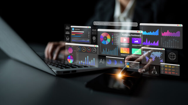Colorful data dashboards with graphs, charts, and marketing metrics representing online campaign performance and business intelligence Parse