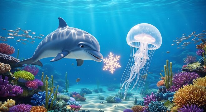 Vibrant underwater scene with dolphin jellyfish and coral reef ecosystem - Powered by Adobe