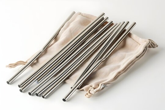 Minimal studio flat lay of three stainless steel reusable straws with protective silicone mouth tips placed on a natural linen drawstring pouch. Soft neutral light highlights durable materials and eco