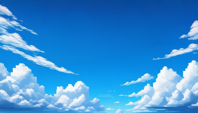 A Pixel Art Background Depicting A Clear Blue Sky With Fluffy Clouds Suitable For Platformers Or Adventure Games