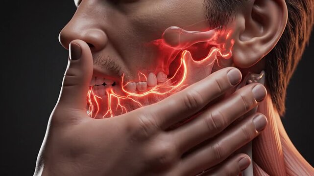 Medical Illustration of Jaw Pain: A Man Touching His Face Showing Dental Discomfort in Cinematic Lighting