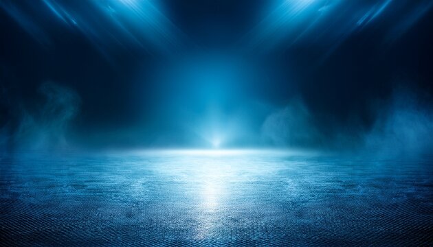 Dramatic Blue Teal Background With Fog And Spotlight Reflections On A Wet Dark Floor Creates A Mysterious Atmospheric Stage Effect Blurred Blue Background