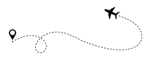 Airplane flight path doodle icon. Dotted map route for travel and journey, dash line air plane route. Vector illustration isolated on white background  © AnyaLi