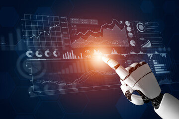 A robotic hand is engaging with a vibrant digital data interface full of graphs and statistics, symbolizing the fusion of technology and finance in analytics. Scalp
