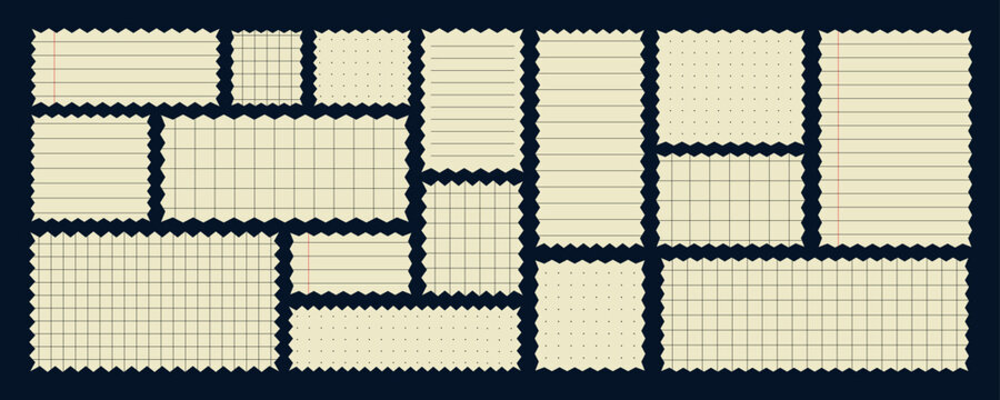 Zigzag note paper and torn frame with irregular. Squares and rectangles shapes. White blank sheet for notes or memo