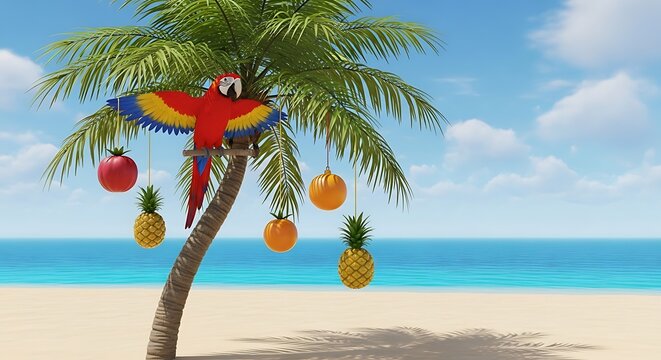 Colorful parrot decorates tropical palm tree with fruit on sunny beach paradise