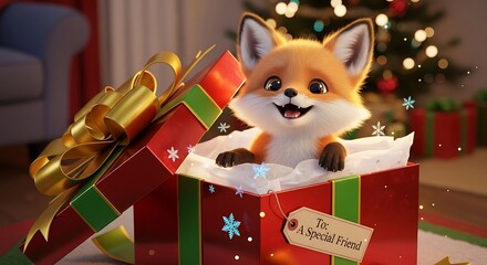 Adorable fox toy peeking out of a festive christmas gift box