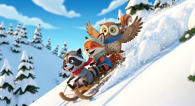 Whimsical forest animals snowboarding down snowy mountain slope enjoying winter fun