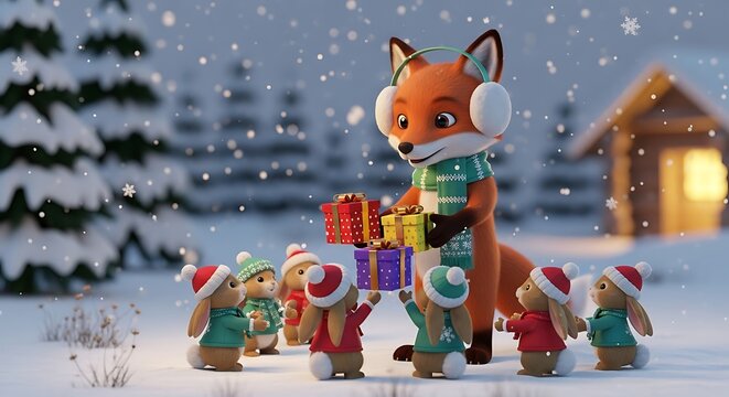 Charming christmas scene with a fox and friends exchanging gifts in a snowy forest