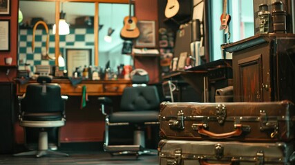 Stacked vintage suitcases in cozy barbershop with retro decor