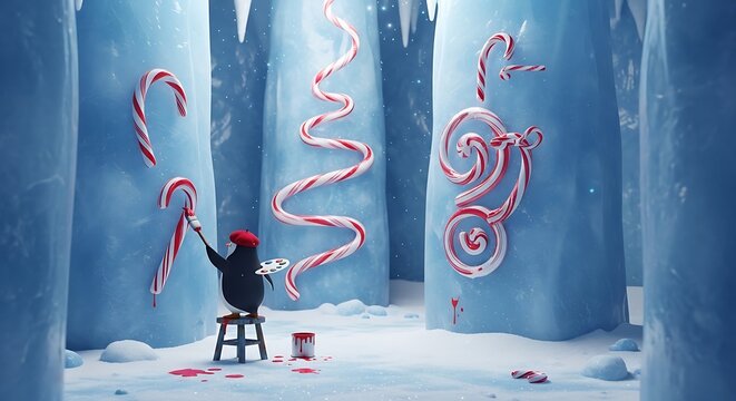 Whimsical scene of a figure decorating blue trees with candy canes and ribbons - Powered by Adobe