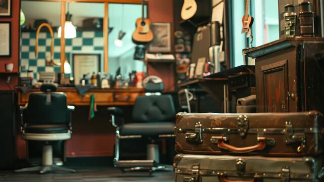 Stacked vintage suitcases in cozy barbershop with retro decor