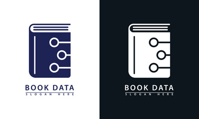 Digital book logo with connected data nodes. Symbolizes e-learning, knowledge network, and online information access. Dual colors.