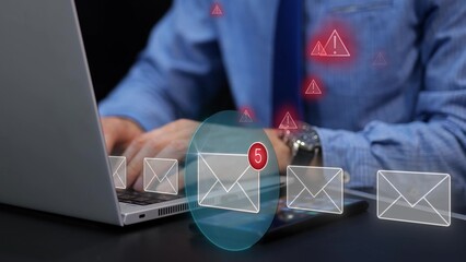 Laptop phishing notification shows fraud, malware breach, and suspicious vulnerability from cyberattack despite protection. Email messages and warning notification animation