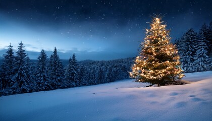 A Decorated Christmas Tree Outside In The Snowy Landscape At Night