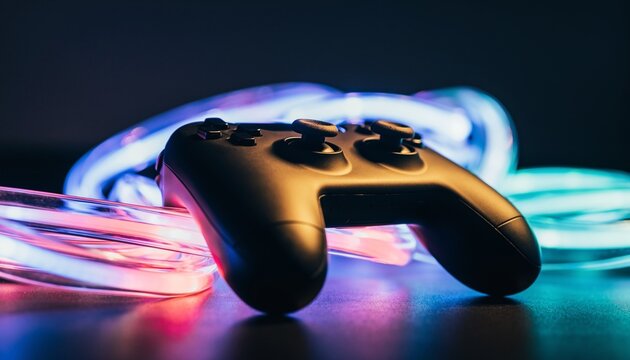 Gaming Controllers with Neon Lights and Modern Setup - Powered by Adobe