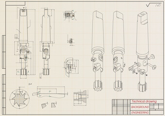 Mechanical engineering drawings on light background. Cutting tools, milling cutter. Technical Design. Cover. Blueprint. Horizontal seamless pattern. Vector illustration.