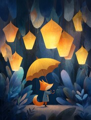 Fox in raincoat with umbrella under glowing lanterns in a fantasy forest at twilight.