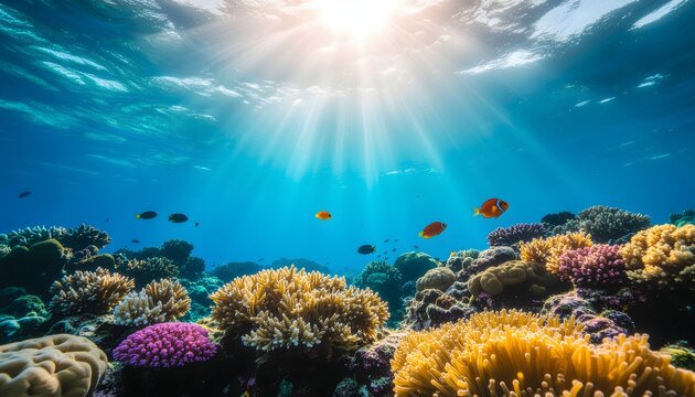 Underwater Coral Reef Ecosystem teeming with vibrant marine life and sunlight