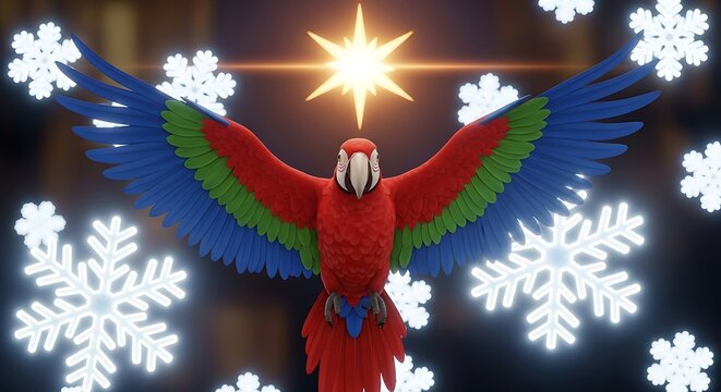 Majestic red parrot with wings spread amidst falling snowflakes and radiant star - Powered by Adobe