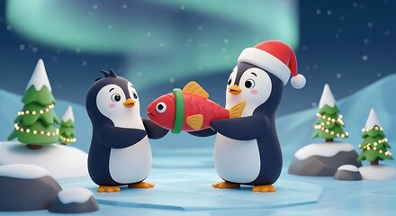 Fototapeta premium Cute cartoon penguins in winter scene sharing a fish wearing a santa hat