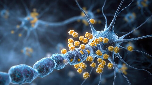 Conceptual 3D view of an antidepressant drug molecule blocking reuptake channels in a synapse, increasing neurotransmitter levels in the synaptic cleft.
