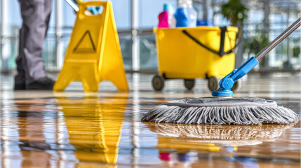 A person is cleaning a floor with a mop and bucket
