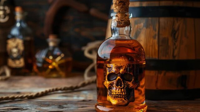 Intricately designed bottle of dark liquor with skull motif on rustic wooden table