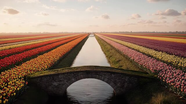 Rows of colorful flowers and a stone bridge over water, landscape view