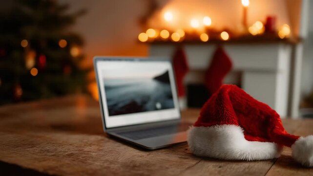 video 4K A festive digital mockup featuring an open laptop on a rustic wooden table, its screen displaying an image placeholder framed by a dotted border and upload icon