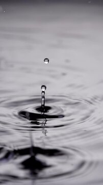 Vertical close up of rain drops falling into a puddle of water. Slow Motion.