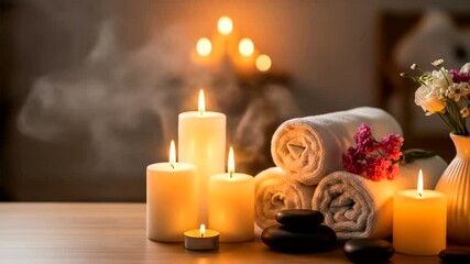 Serene spa setting with lit candles, stacked towels, and flowers creating a calming atmosphere