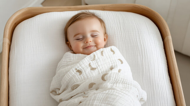 Sleeping baby wrapped in moon patterned swaddle in wooden bassinet, peaceful smile