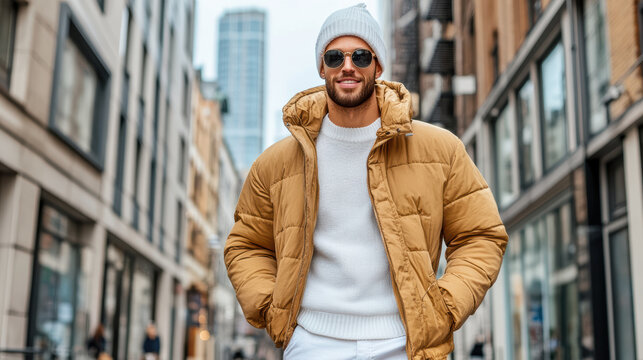 Young man wearing winter coat and beanie walking in urban street with modern buildings