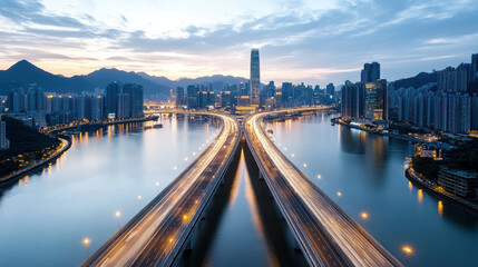Naklejka premium Bridge at sunset over river with city skyline and light trails