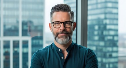 Confident Businessman with Glasses Standing in Modern Office with Cityscape View