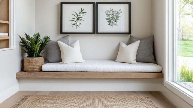 Cozy built in reading bench with cushions and botanical art, warm natural light and calm mood