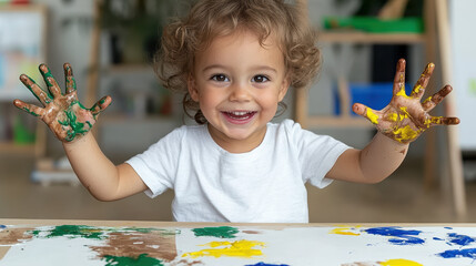 Child with paint covered hands smiling at sunny art table, joyful messy finger painting