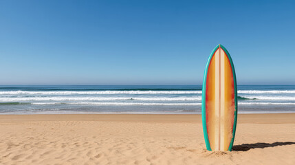 Fototapeta premium Colorful surfboard beach ocean waves sunny sky standing upright with shadow