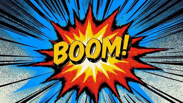 Comic book style "BOOM" explosion with yellow text, bursting effect