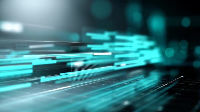 video 4K Sleek digital financial dashboard interface in cool teal and silver tones, layered with translucent line and bar graphs in vibrant aqua and neon - Powered by Adobe