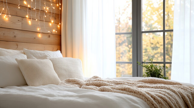 Cozy blanket fort bed with fairy lights and warm autumn window light