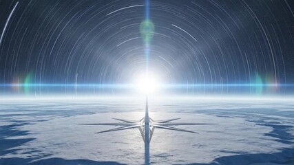 Epic 4K CGI animation of a futuristic star compass monument on a planet's surface with a bright celestial light and mesmerizing long-exposure star trails in a time-lapse sky. - Powered by Adobe