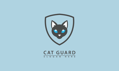 Cat head in a shield logo. Symbolizes protection, security, safety, or a guardian mascot. Strong and bold design.