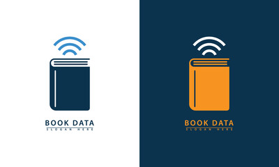 Book icon with WiFi or signal waves. Represents digital content, audiobooks, e-reading, and streaming information. Dual colors.